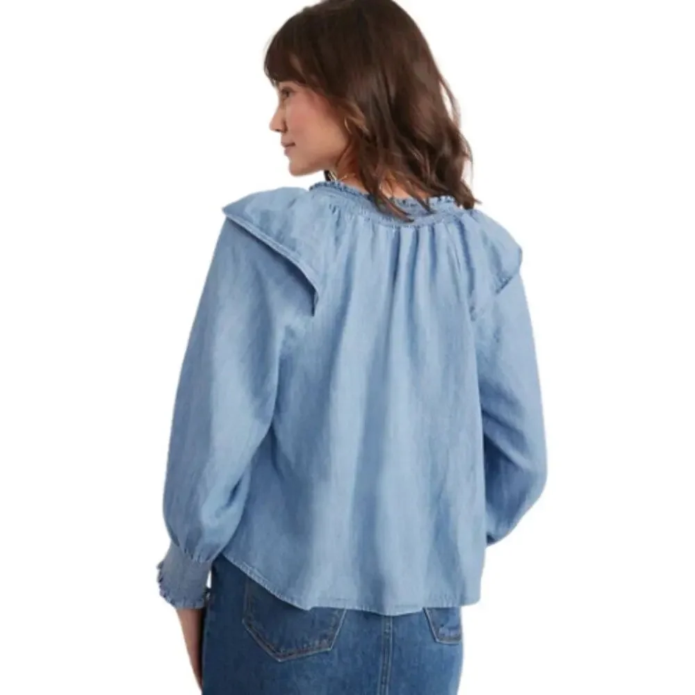 OLD NAVY Puff Sleeve Denim Poet Blouse Ruffle Trim Size L NWT!
